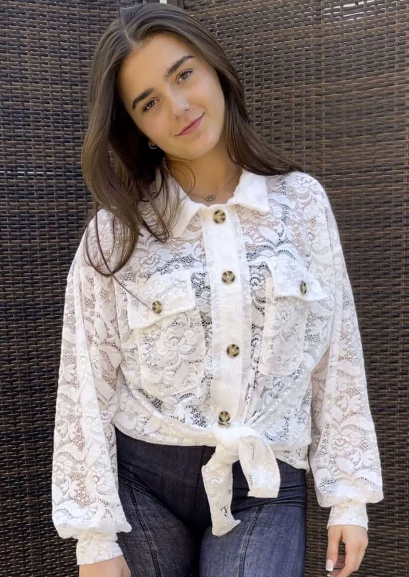 A Vacation Accessory Lace Button Down Shirt Made in USA