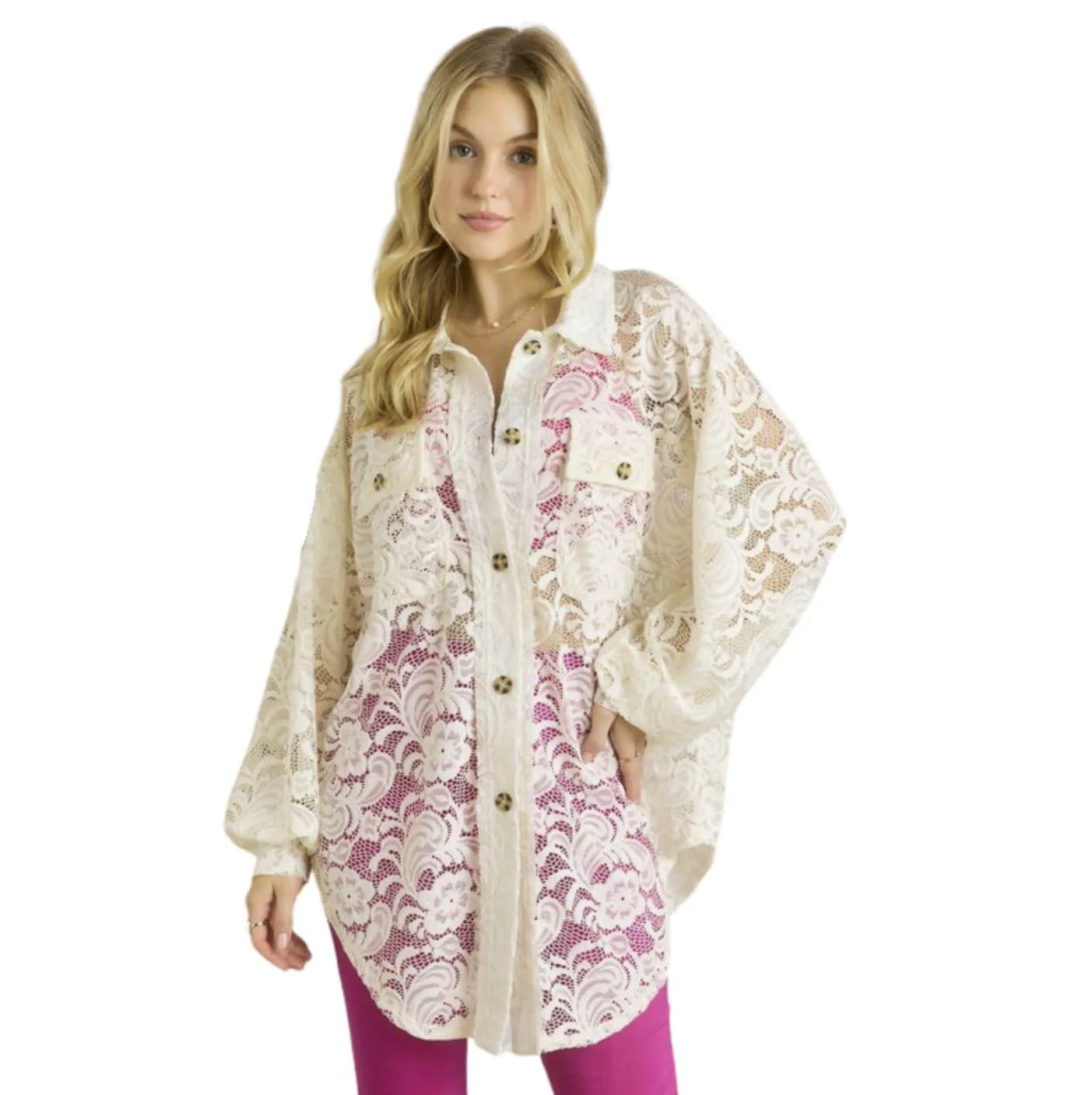 A Vacation Accessory Lace Button Down Shirt Made in USA