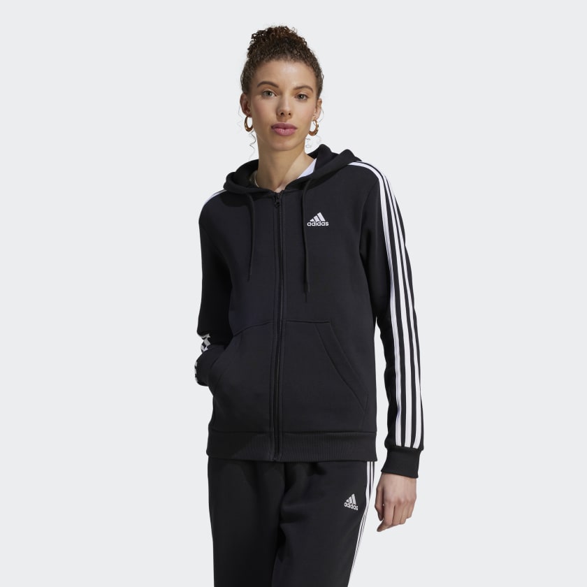 ADIDAS WOMEN'S 3-STRIPE FLEECE FULL-ZIP JACKET BLACK