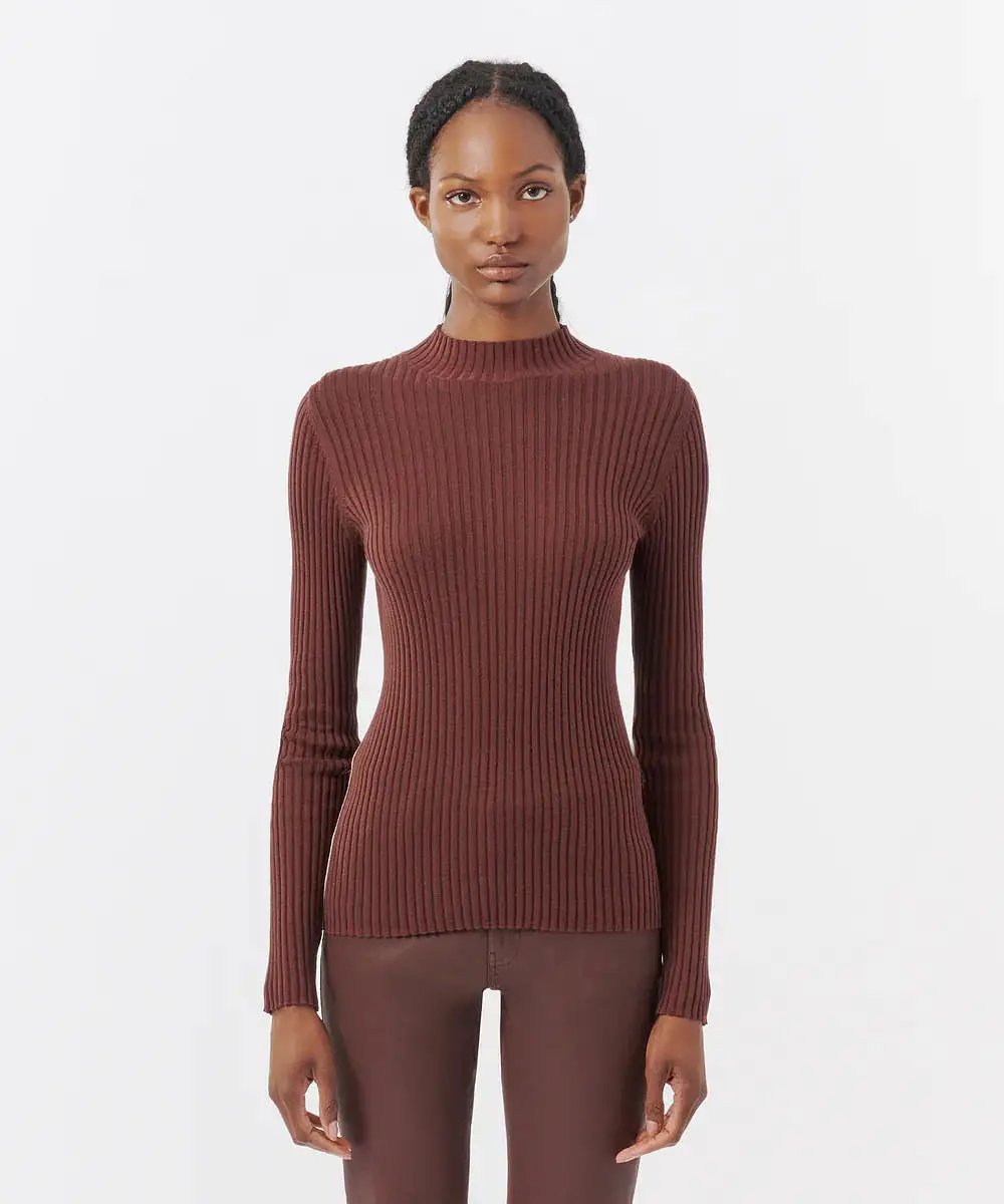 ATM Silk Cotton Blend Long Sleeve Mockneck Sweater Chocolate