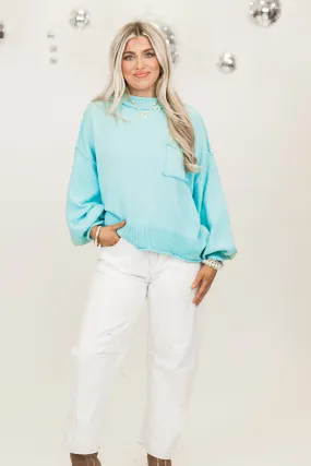 Baby Blue Balloon Sleeve Round Neck Cropped Sweater