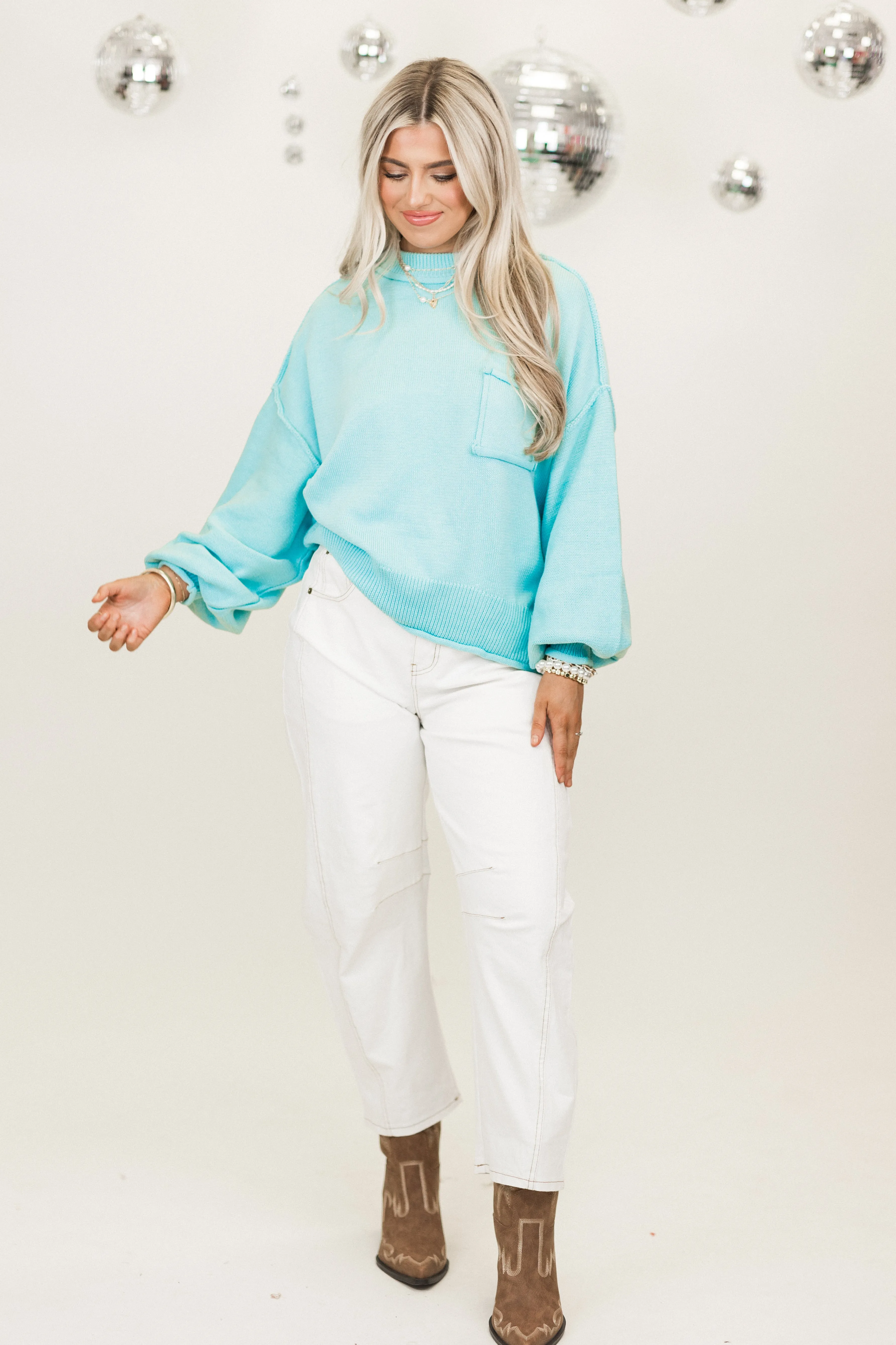 Baby Blue Balloon Sleeve Round Neck Cropped Sweater