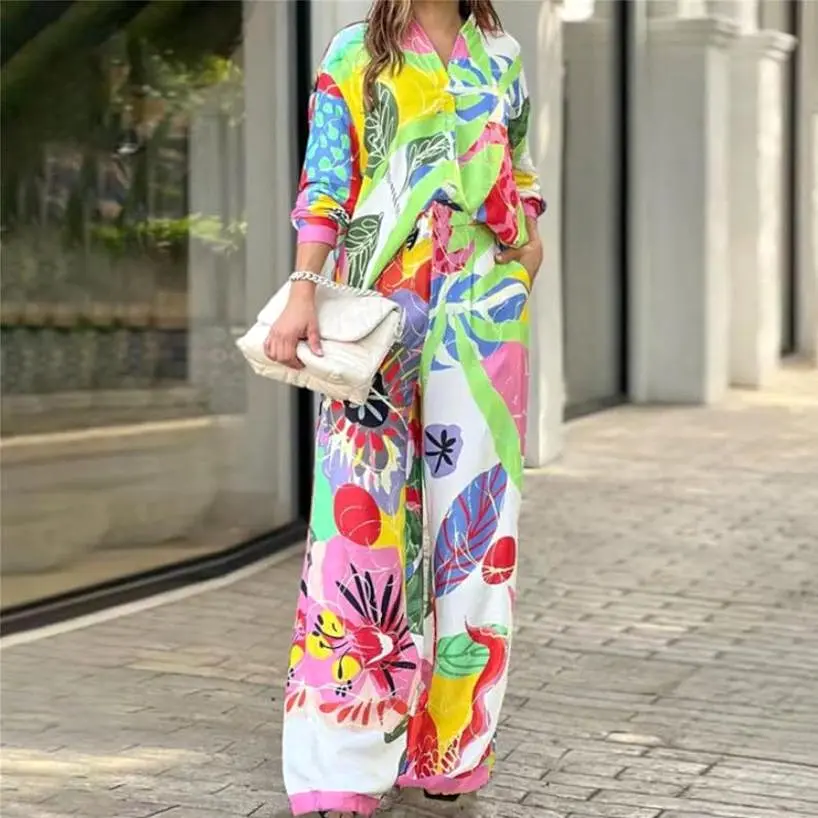 Beach Printed  Women High Waist Pants and Button Shirts 2 Piece Set B-74729