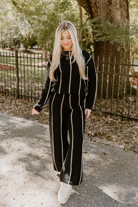 Black and Cream Striped Sweater and Pant Set