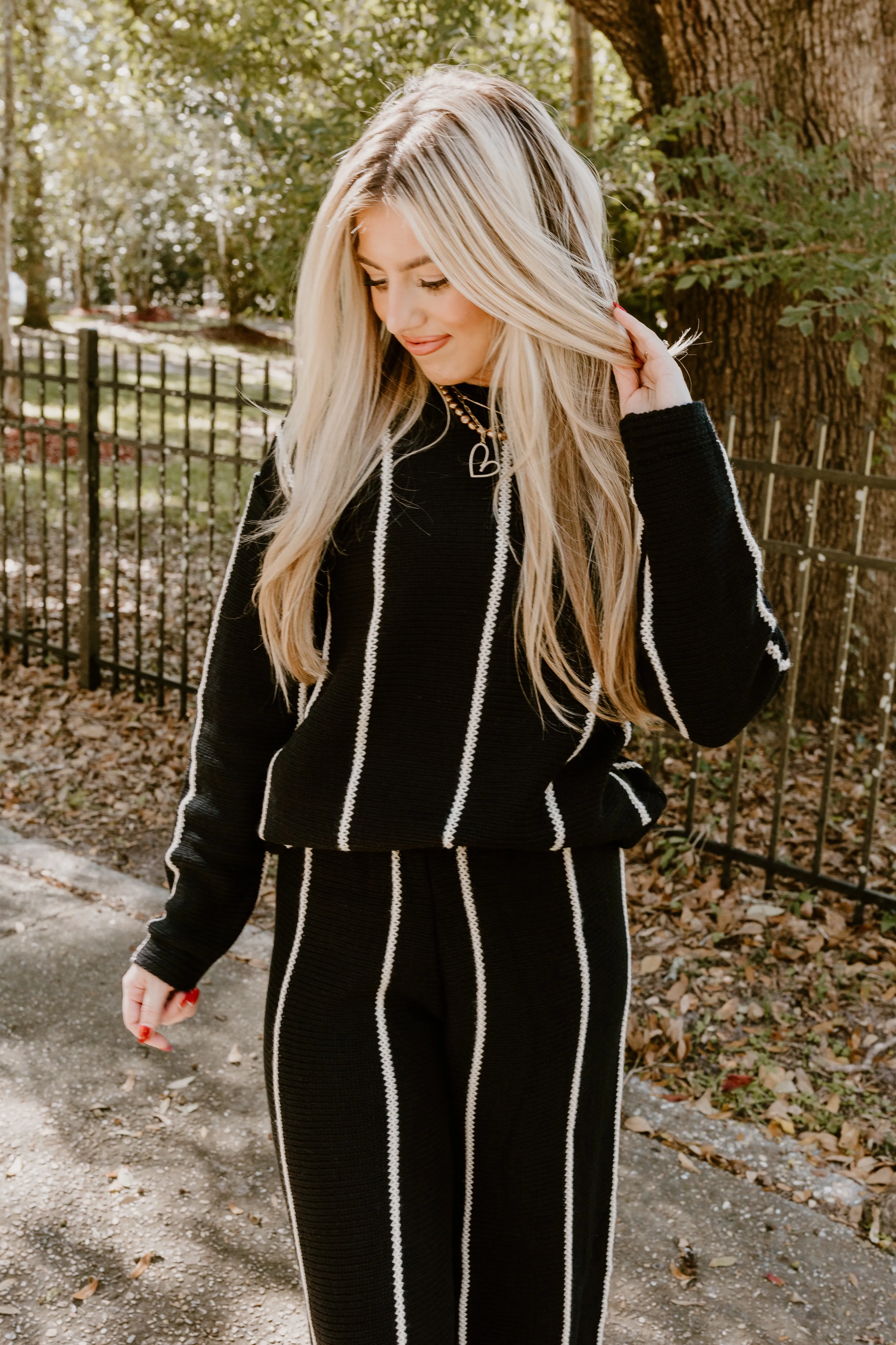 Black and Cream Striped Sweater and Pant Set