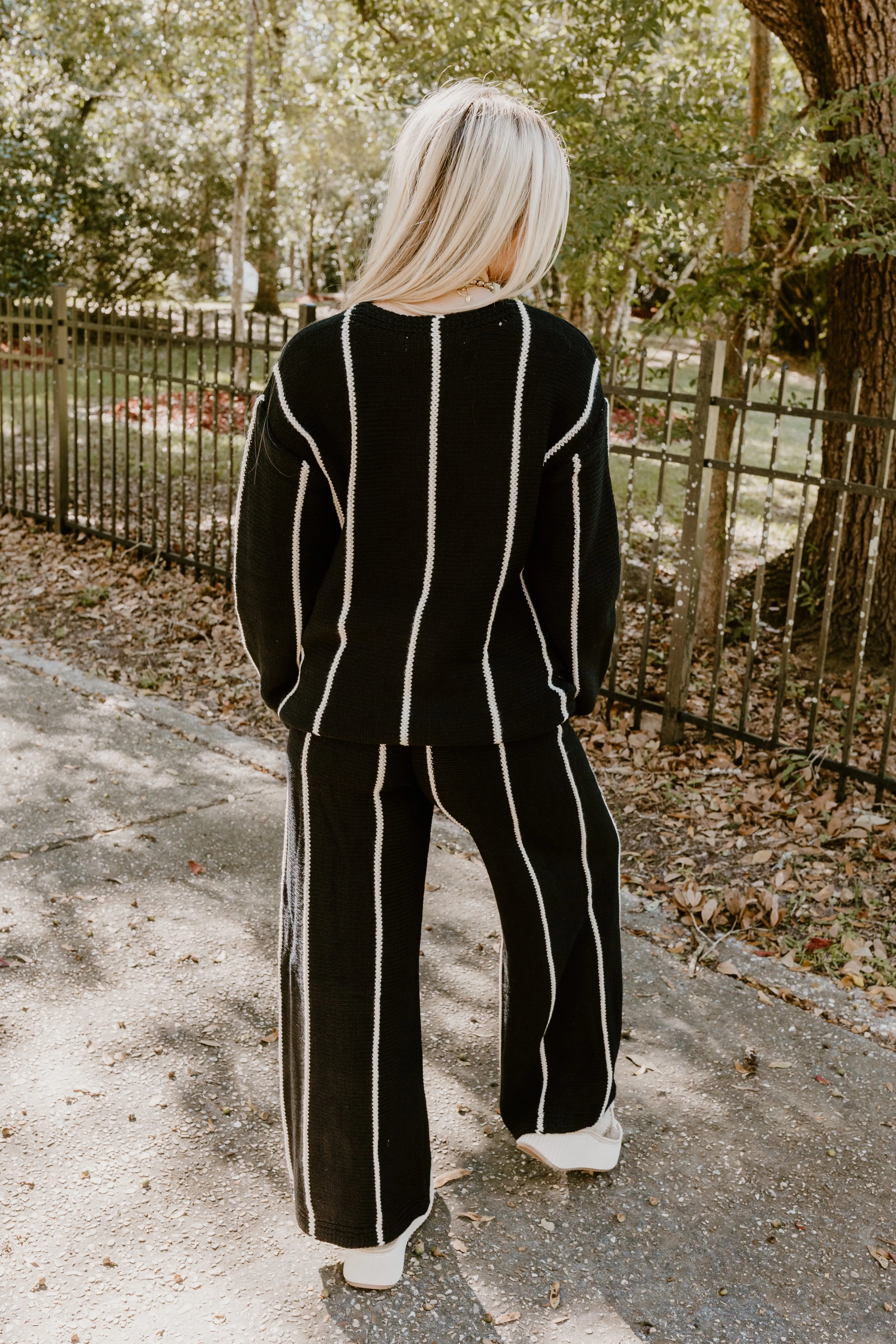 Black and Cream Striped Sweater and Pant Set