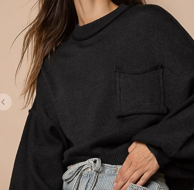 Black Balloon Sleeve Round Neck Cropped Sweater