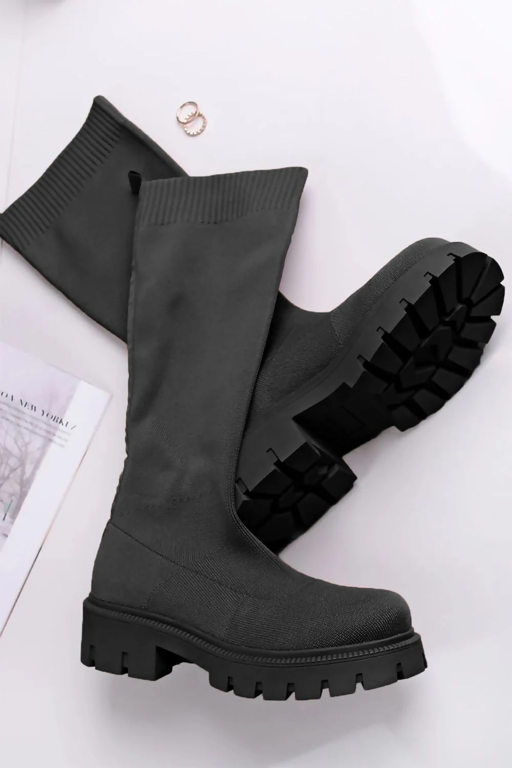 Black Chunky Sole Sock Boots 