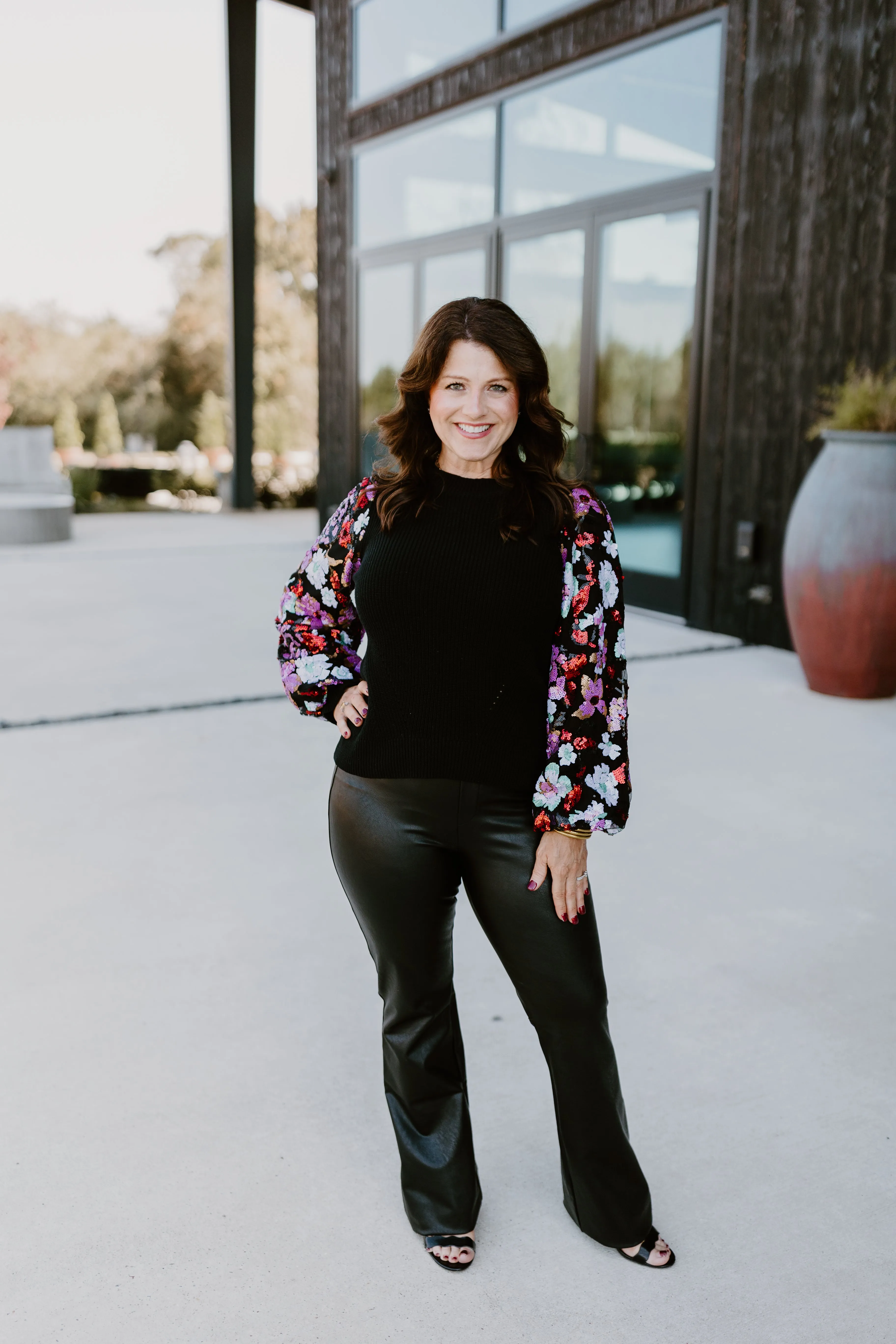 Black Floral Sequin Sleeve Sweater