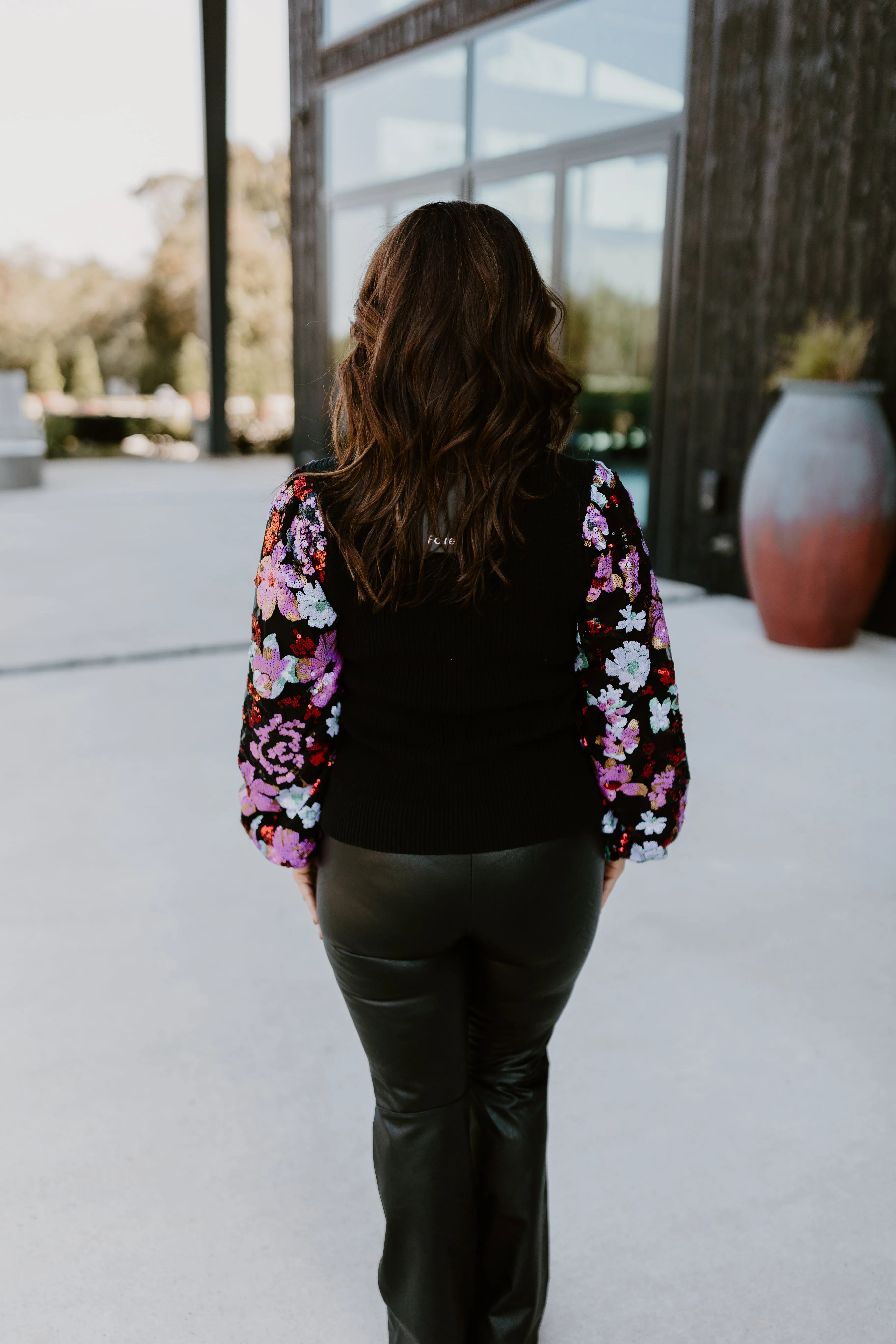 Black Floral Sequin Sleeve Sweater