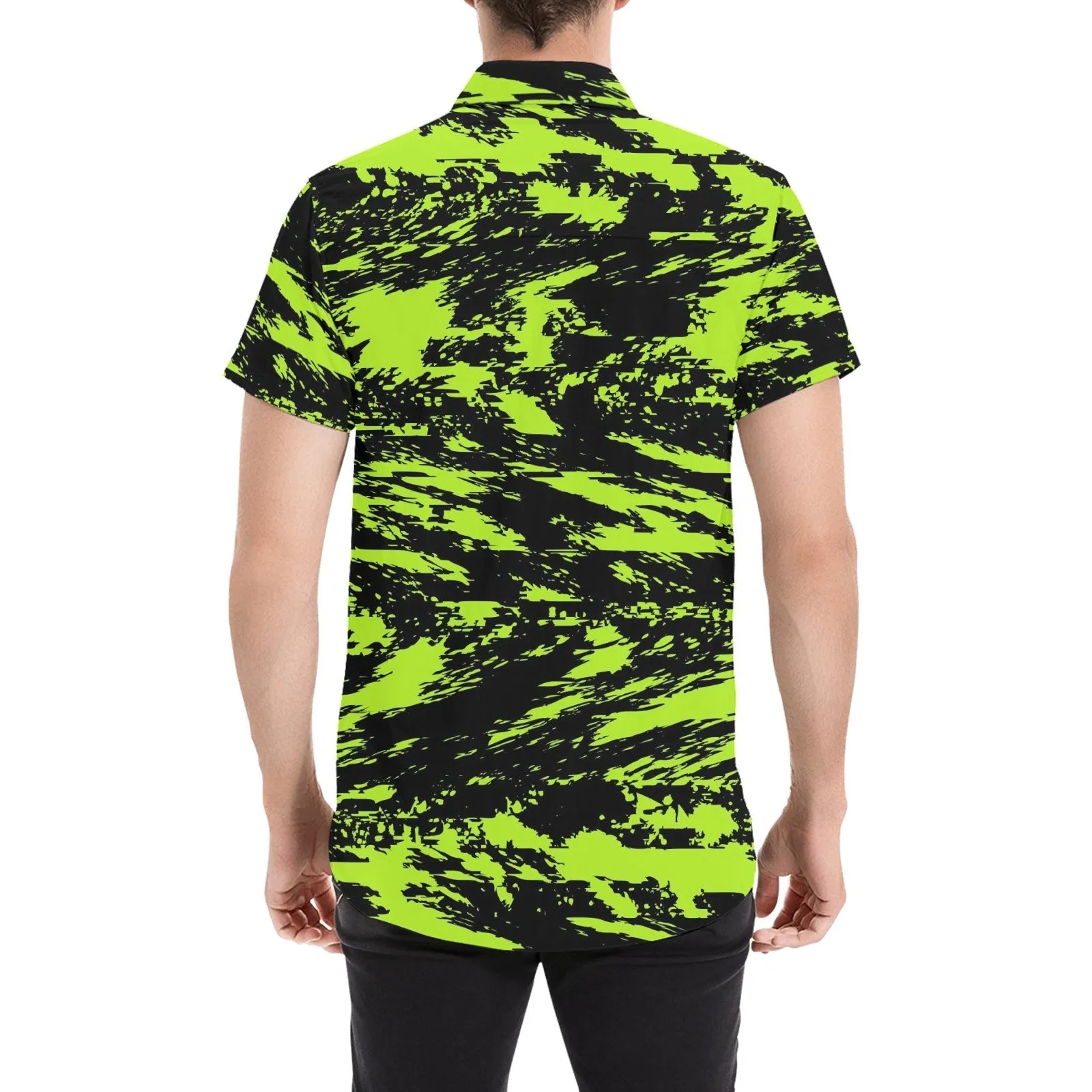 Black Lime Bolt Glitch Men's Big & Tall Short Sleeve Button Up Shirt