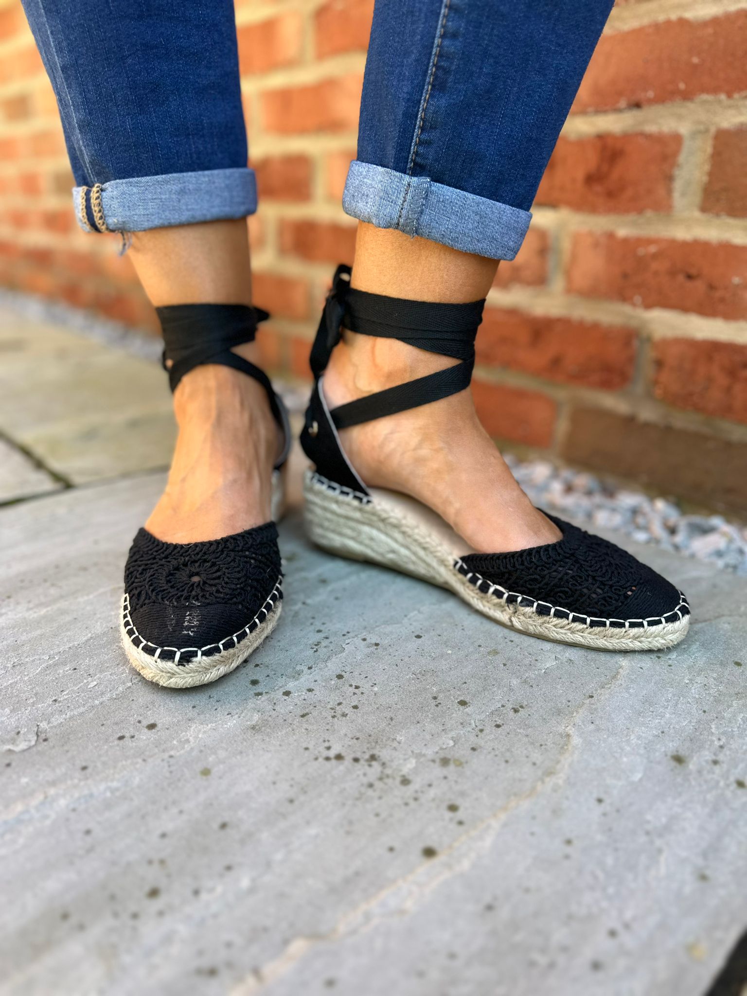 Black Loose Weave Lace Up Espadrille Shoes