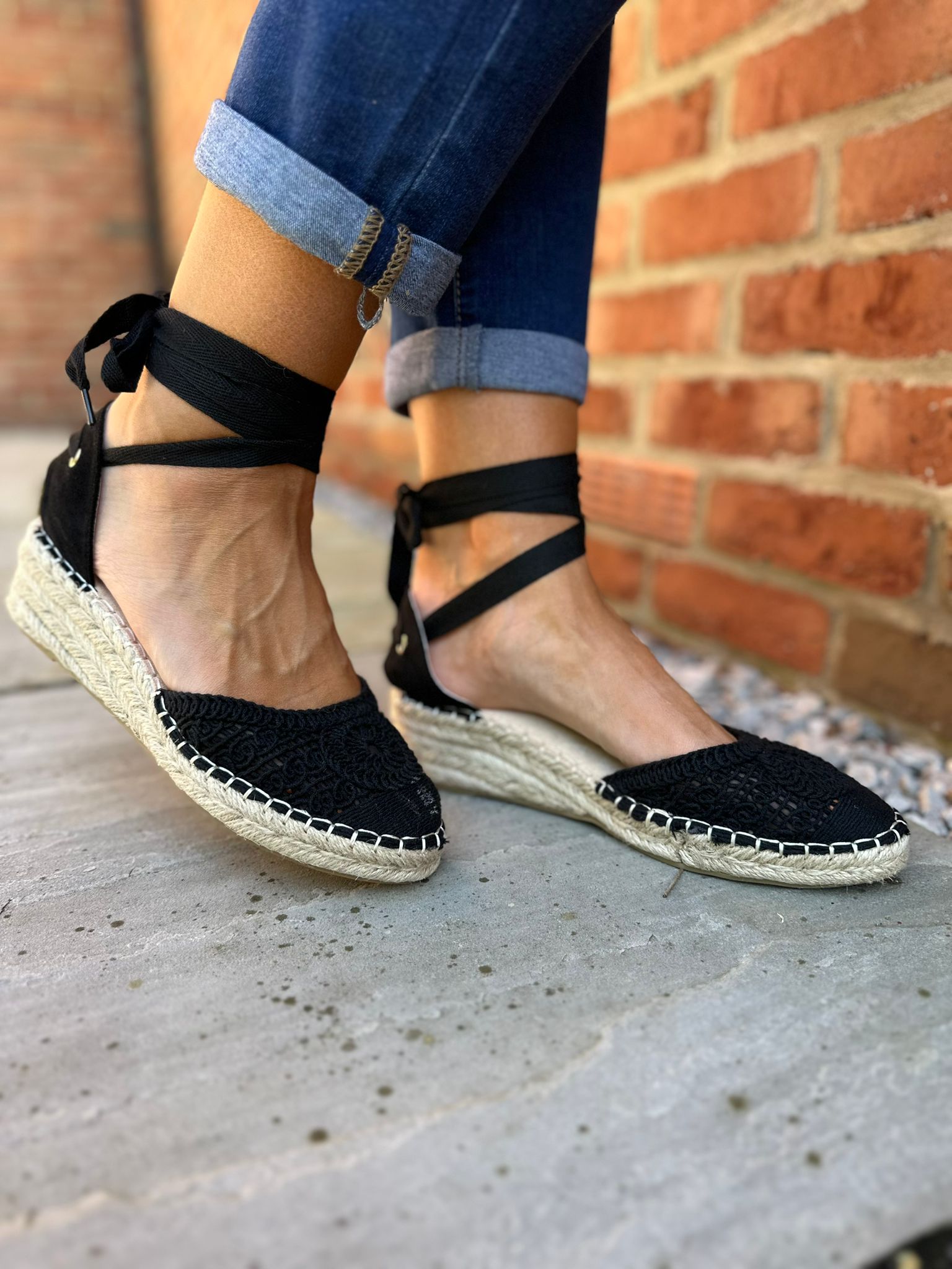 Black Loose Weave Lace Up Espadrille Shoes