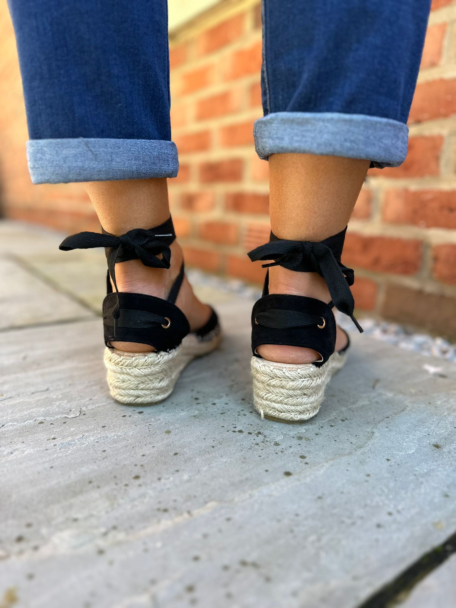 Black Loose Weave Lace Up Espadrille Shoes