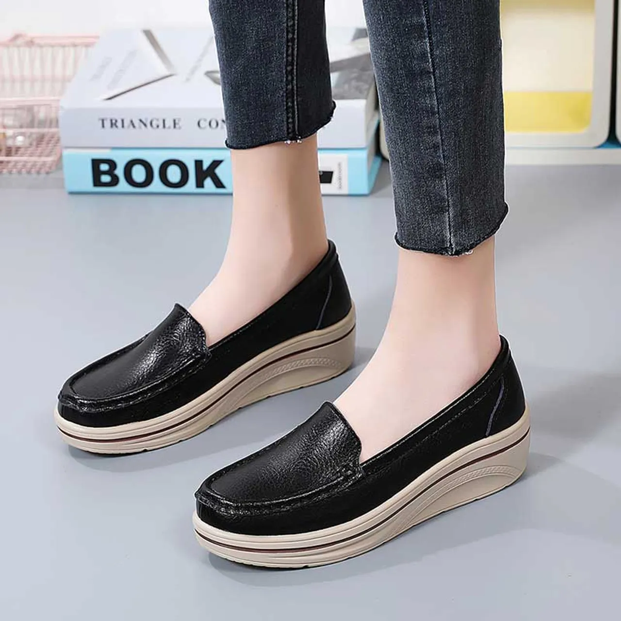 Black plain casual slip on rocker bottom sneaker