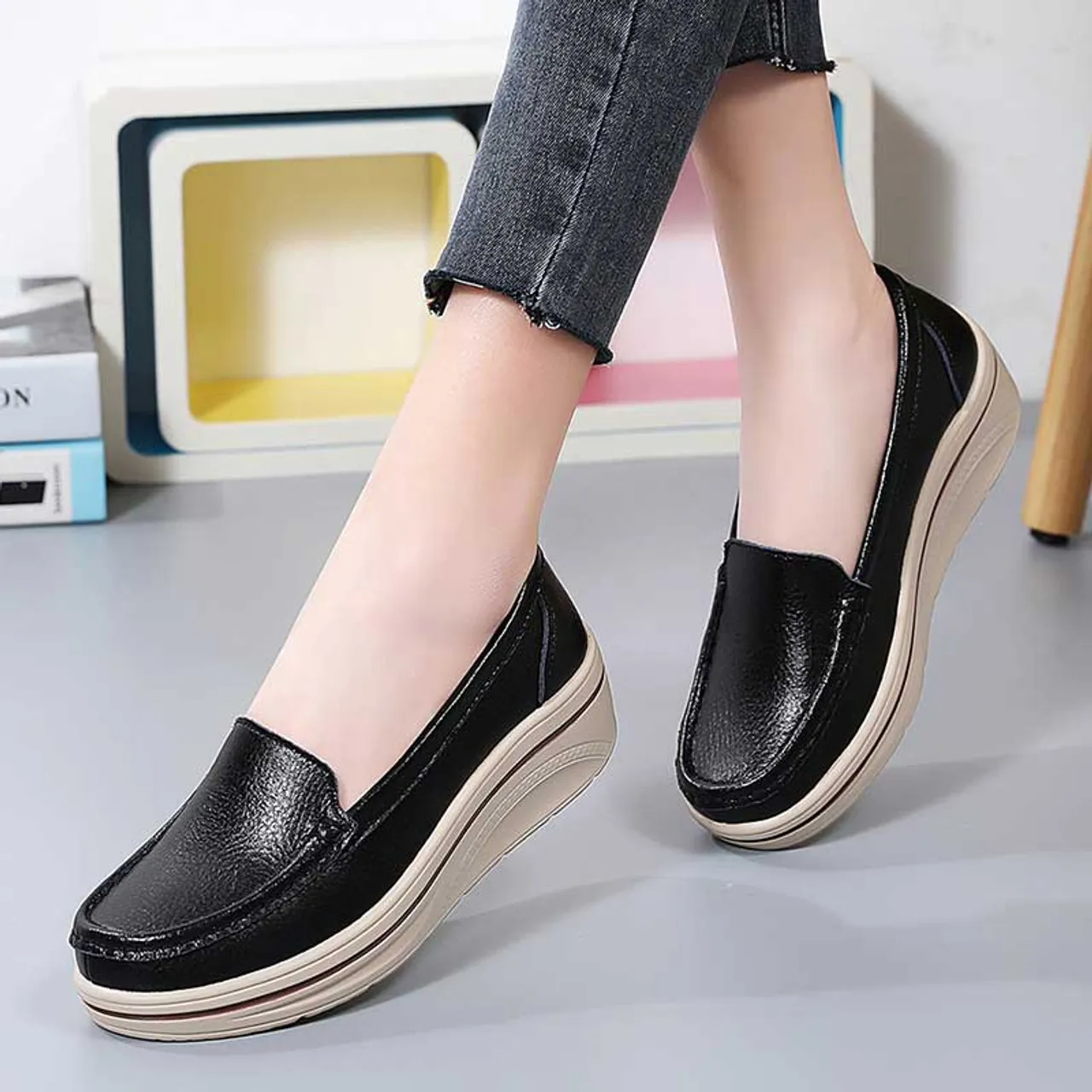 Black plain casual slip on rocker bottom sneaker