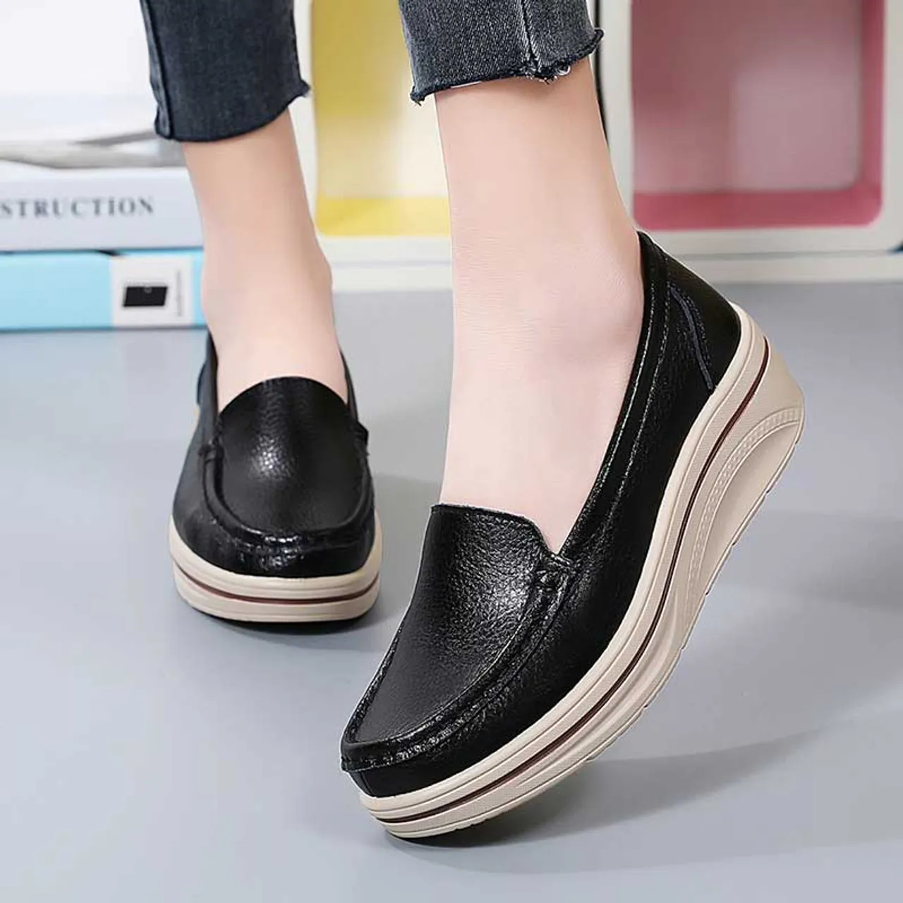 Black plain casual slip on rocker bottom sneaker