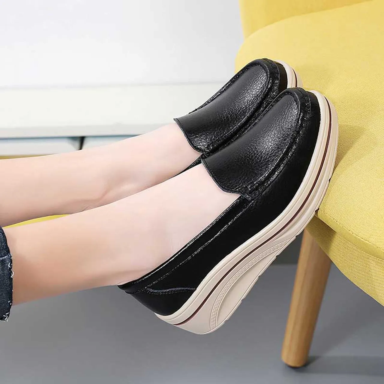 Black plain casual slip on rocker bottom sneaker