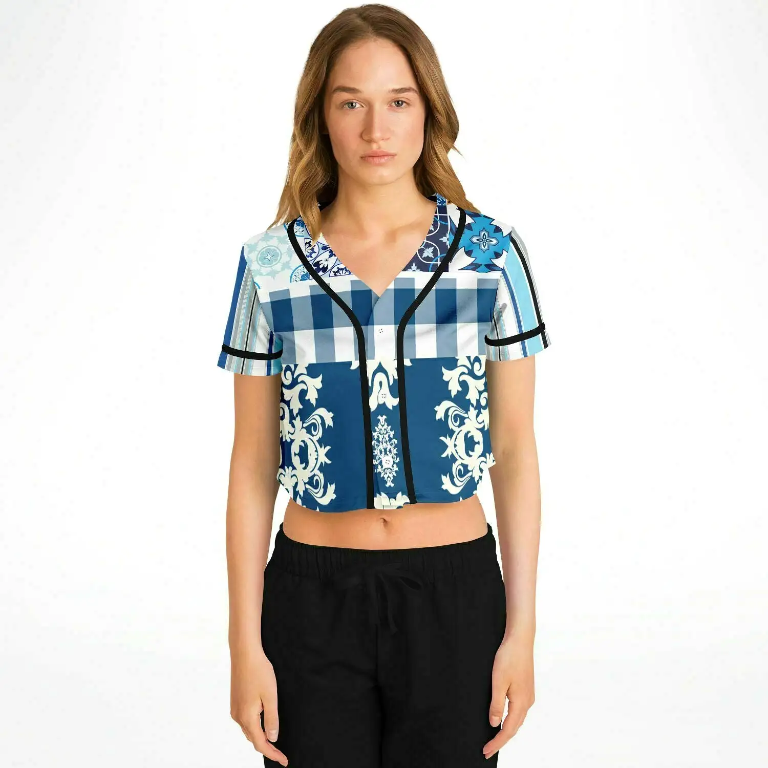 Blue Agadir Floral Stripe Cropped Button Front Jersey