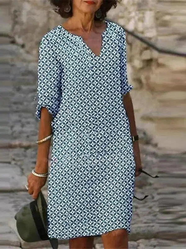 Blue Gray Geometric Print Midi Dress for Women with V-Neck and Half Sleeves