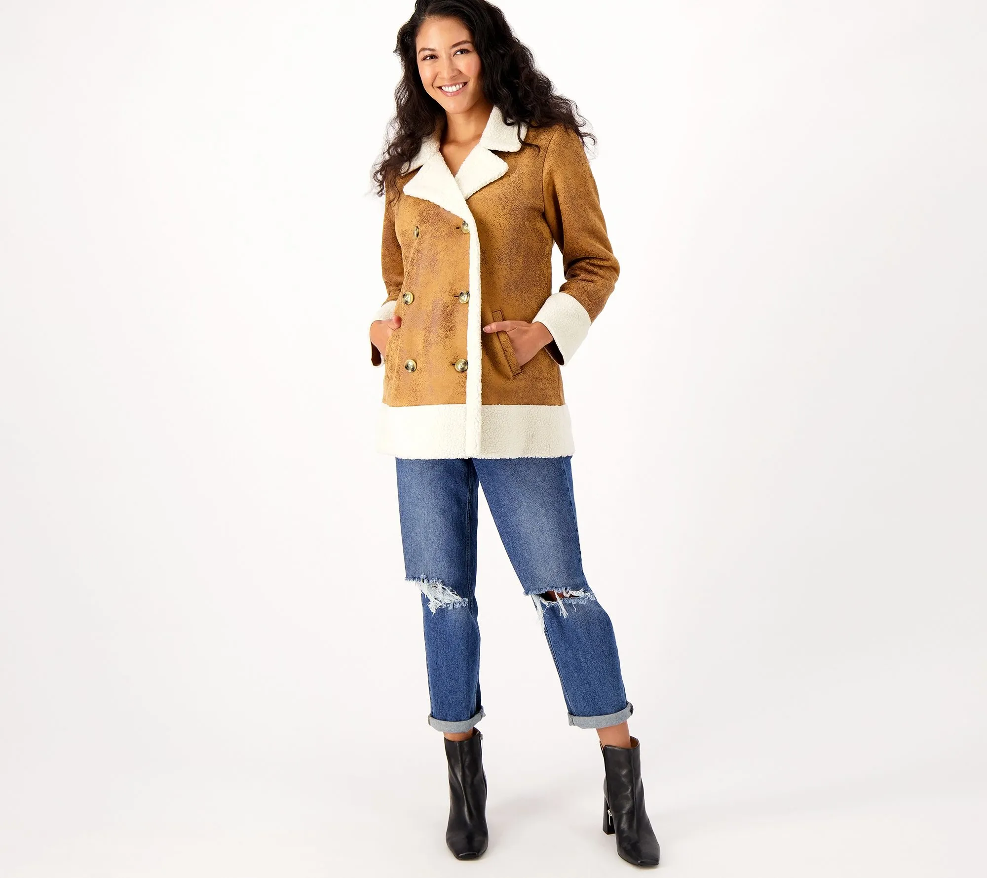 Candace Cameron Bure Sherpa Lined Faux Suede Peacoat