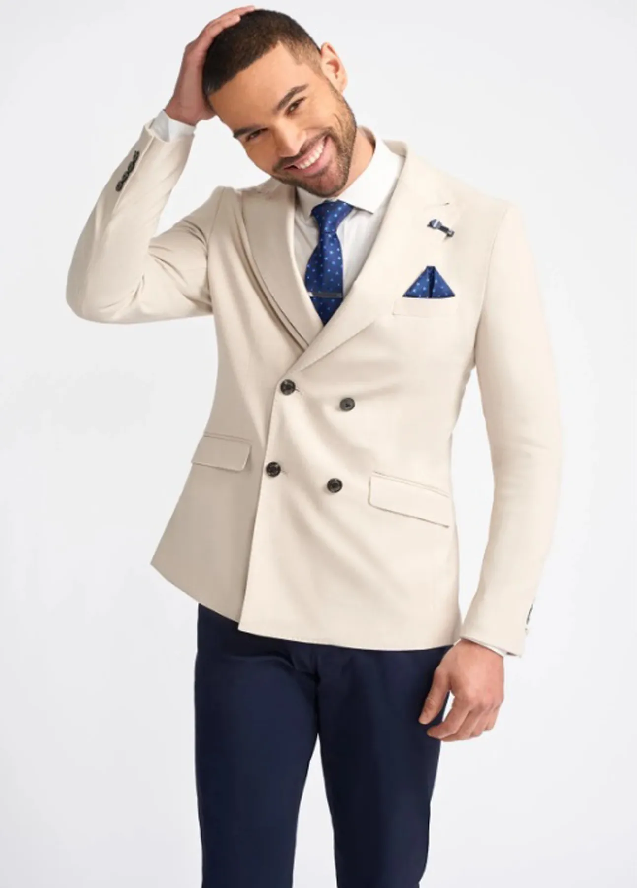 Cavani Romeo Cream Double Breasted Blazer Peaked Lapels