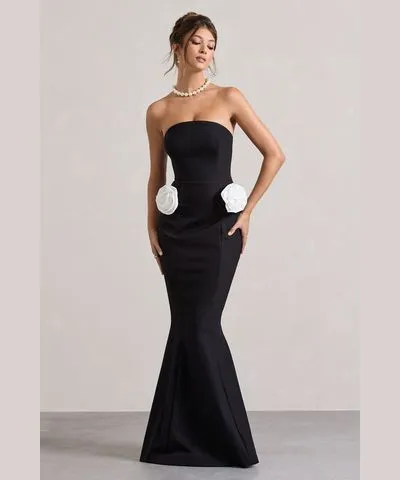 Club L London - USA Best Of The Best | Black Strapless Fishtail Maxi Dress With Corsages