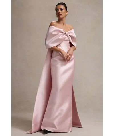 Club L London - USA Wanting More | Pink Satin Cape Maxi Dress With Oversized Bow