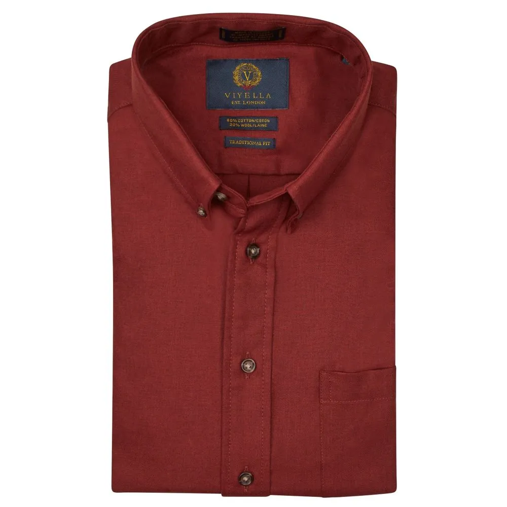 Cotton and Wool Blend Button-Down Shirt in Burgundy by Viyella