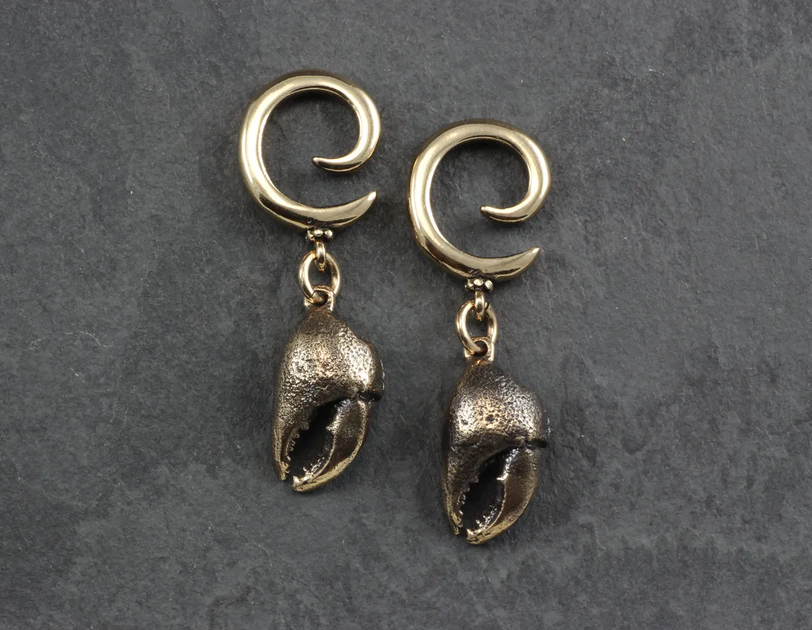 Crab Claw Gauged Spiral Earrings - Bronze