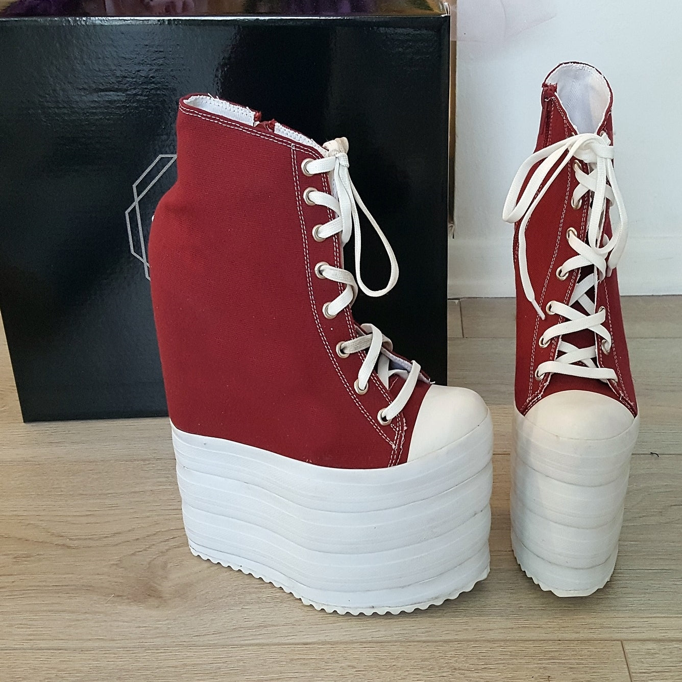 Dark Red Lace Up Sport Style 18-22 cm Platform Wedge Booties