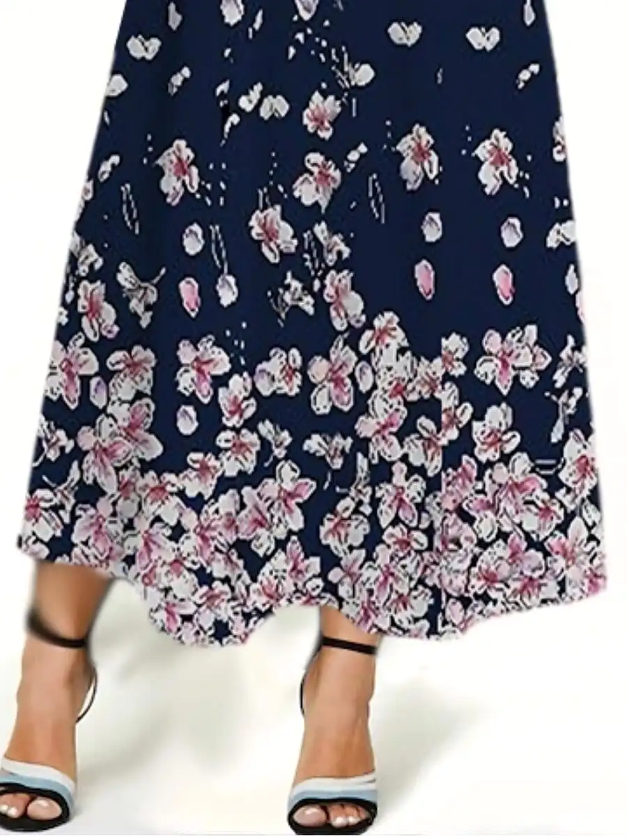 Elegant Dark Blue Floral Plus Size Midi Dress with Short Sleeves