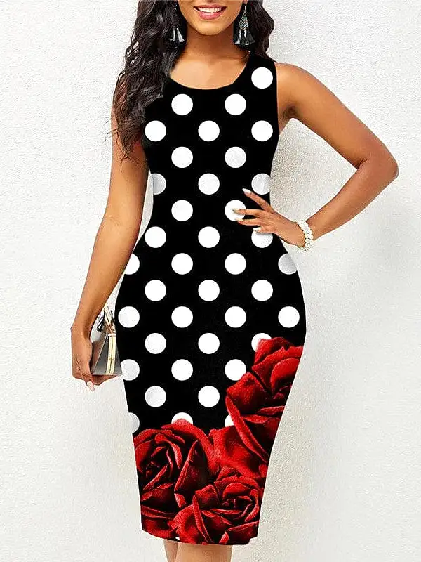 Elegant Floral Print Sleeveless Midi Dress for Women - Black/Wine Red