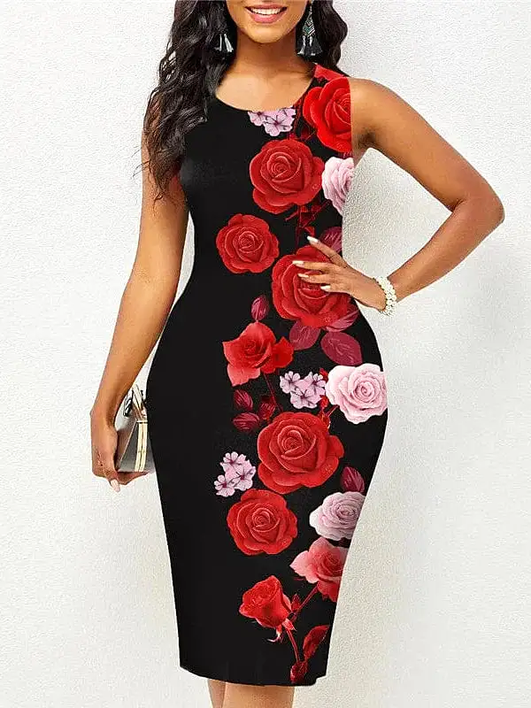 Elegant Floral Print Sleeveless Midi Dress for Women - Black/Wine Red