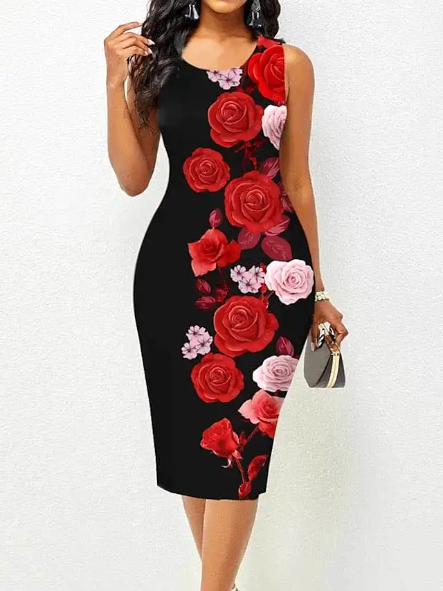 Elegant Floral Print Sleeveless Midi Dress for Women - Black/Wine Red