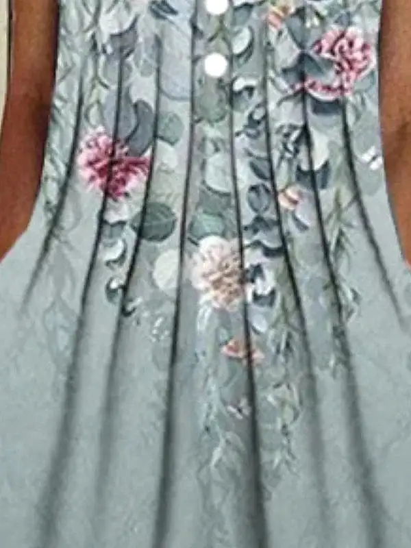 Elegant Gray Floral Midi Dress for Women - Sleeveless V-Neck Summer Dress