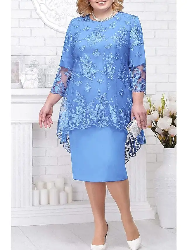 Elegant Navy Blue Plus Size Floral Lace Midi Dress for Women