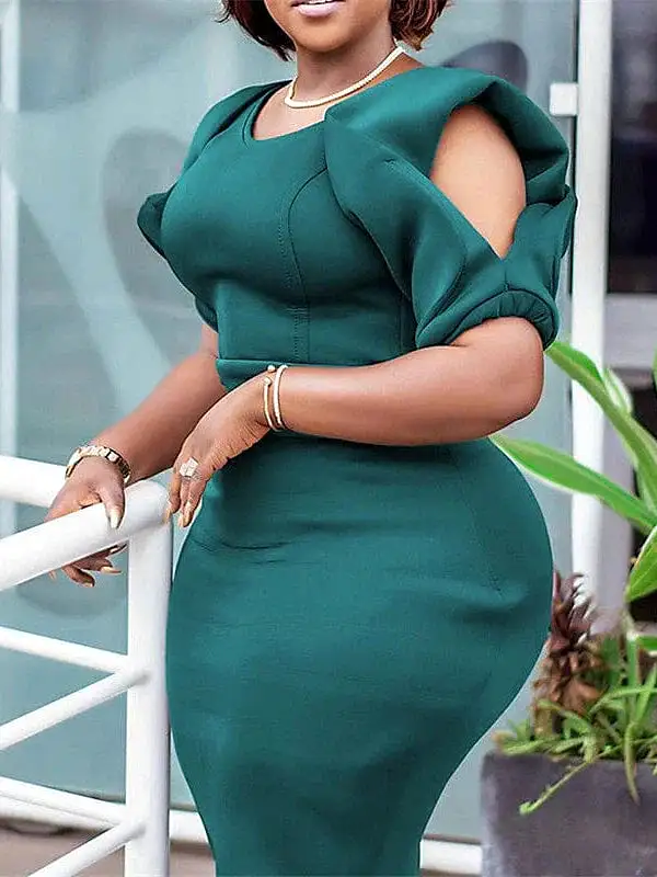 Elegant Solid Color V Neck Plus Size Midi Dress