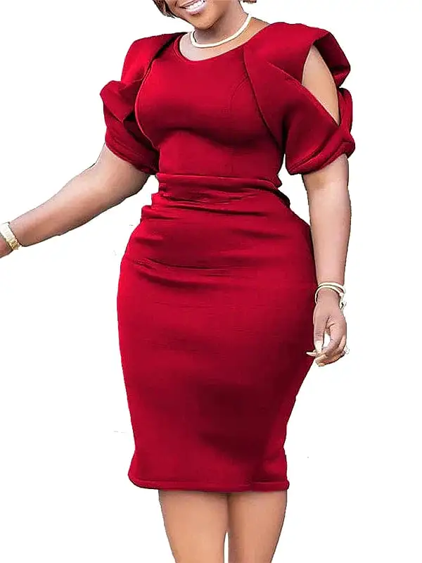 Elegant Solid Color V Neck Plus Size Midi Dress