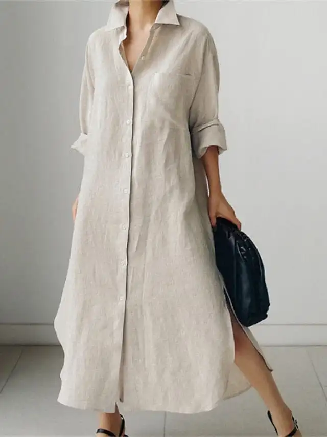 Elegant White V-Neck Swing Midi Dress with Pockets