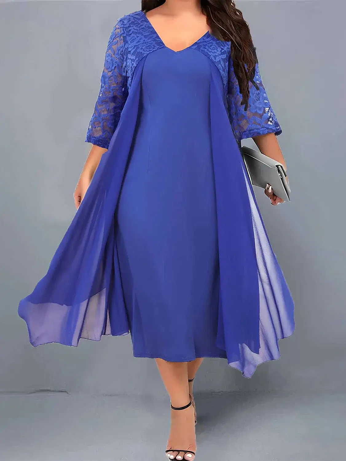 Elegant Wine Blue Lace Party Dress for Women Plus Size 3/4 Sleeve V Neck Midi Dress