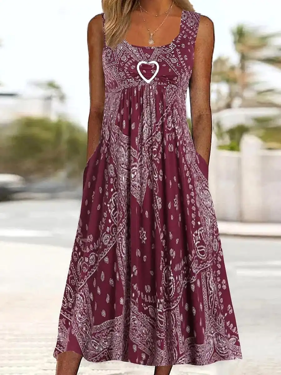 Elegant Wine Paisley Sleeveless Midi Dress with Pockets for Women