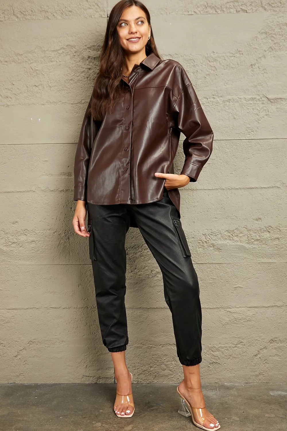 e.Luna Vegan Leather Button Down Shirt