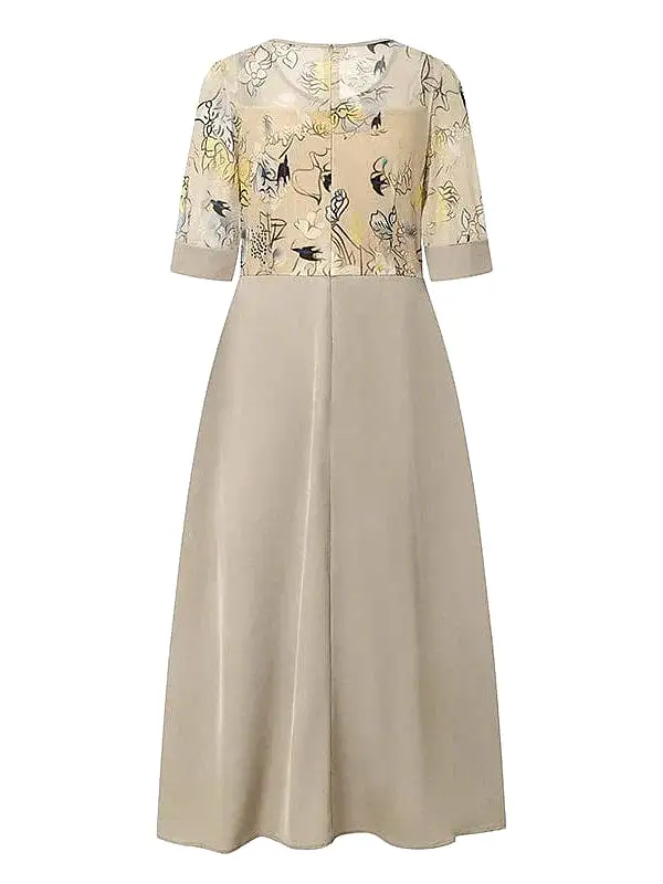 Floral Patchwork Vintage Midi Dress with Half Sleeves