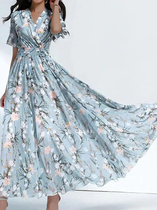 Floral Print Chiffon Midi Dress with Short Sleeves for Women