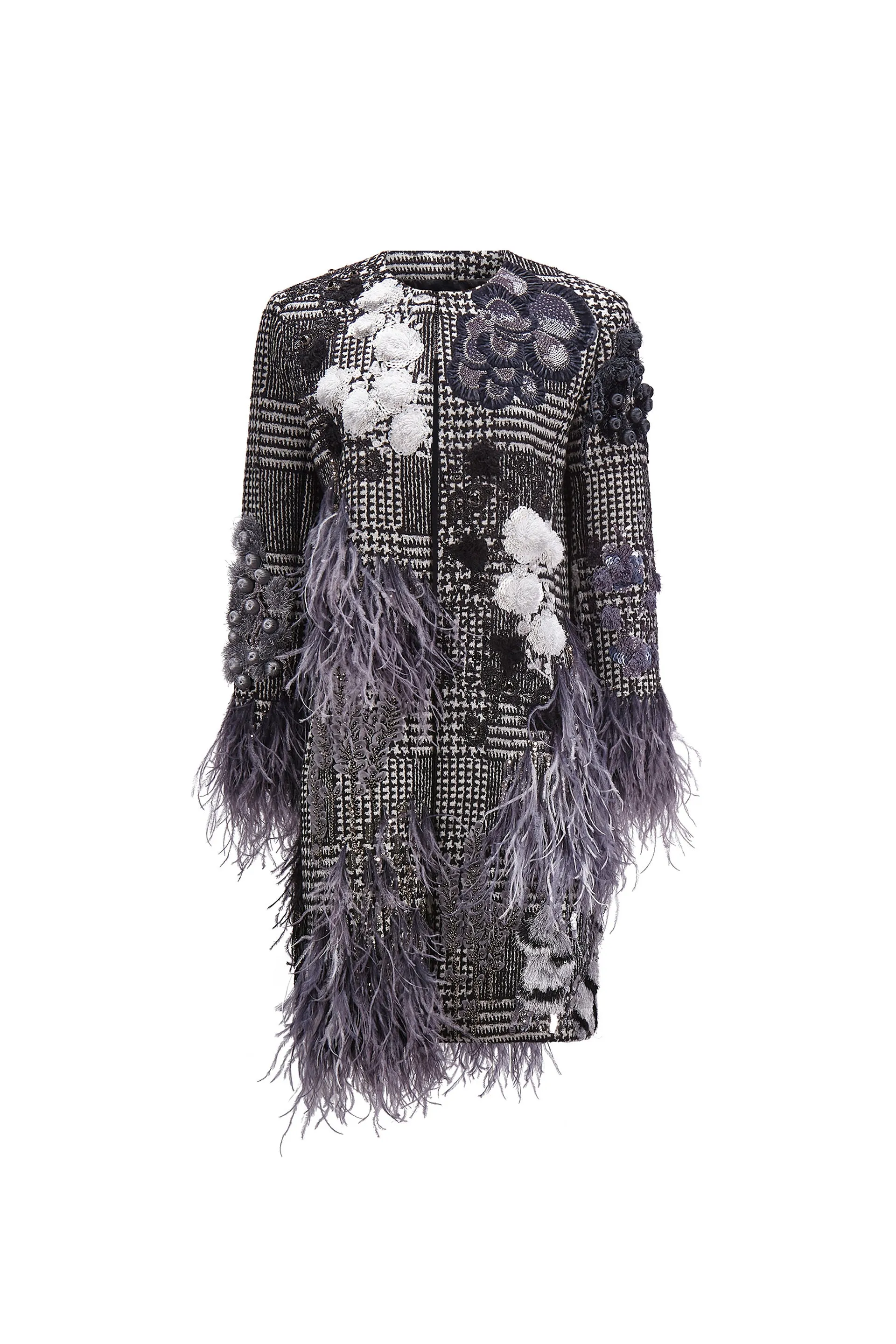 'GLAM ROCK' CLASSIC COLLARLESS COAT WITH FEATHERS