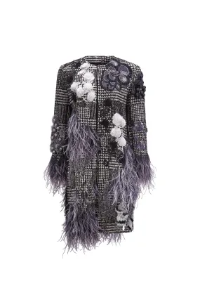 'GLAM ROCK' CLASSIC COLLARLESS COAT WITH FEATHERS