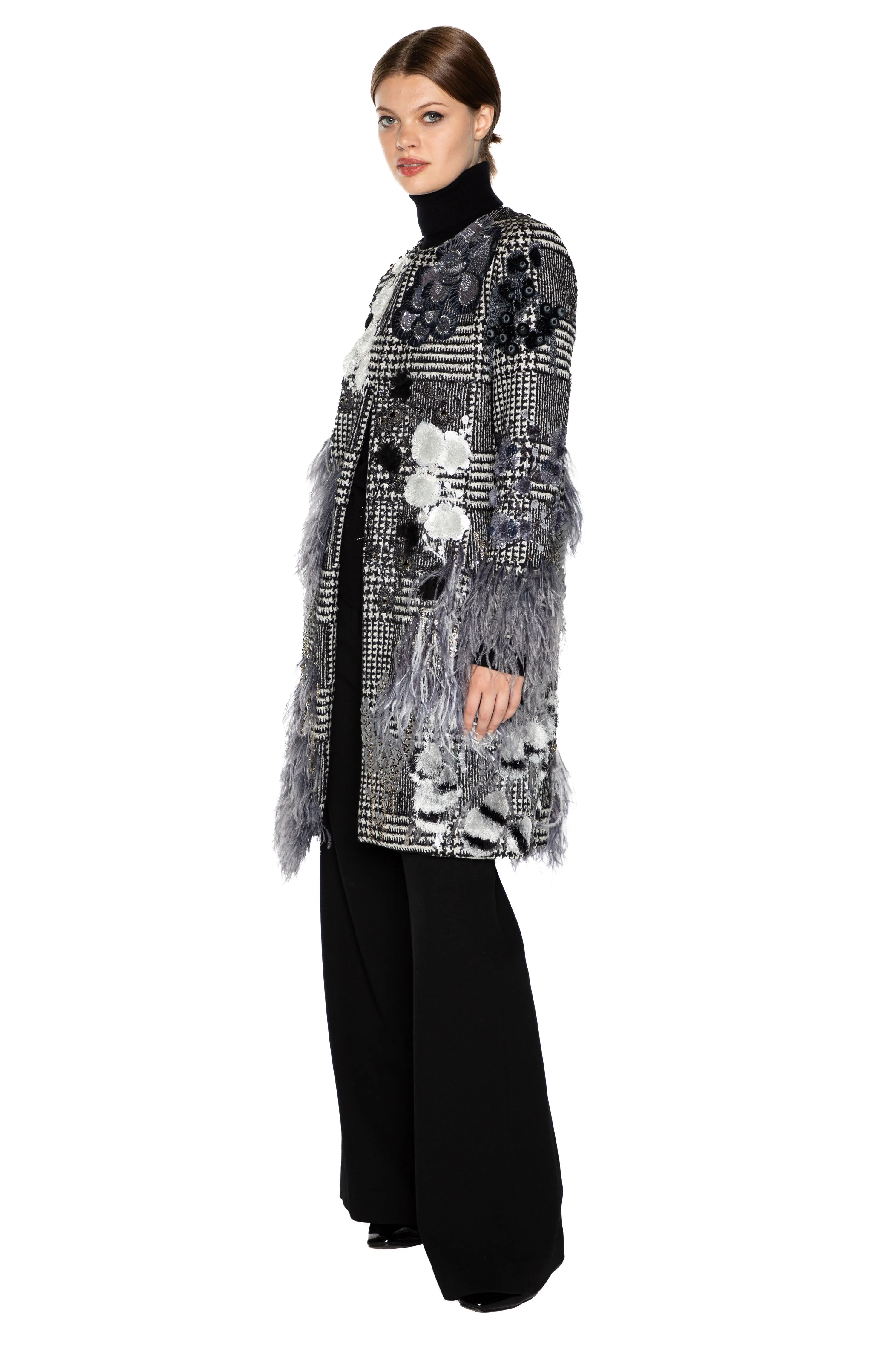 'GLAM ROCK' CLASSIC COLLARLESS COAT WITH FEATHERS