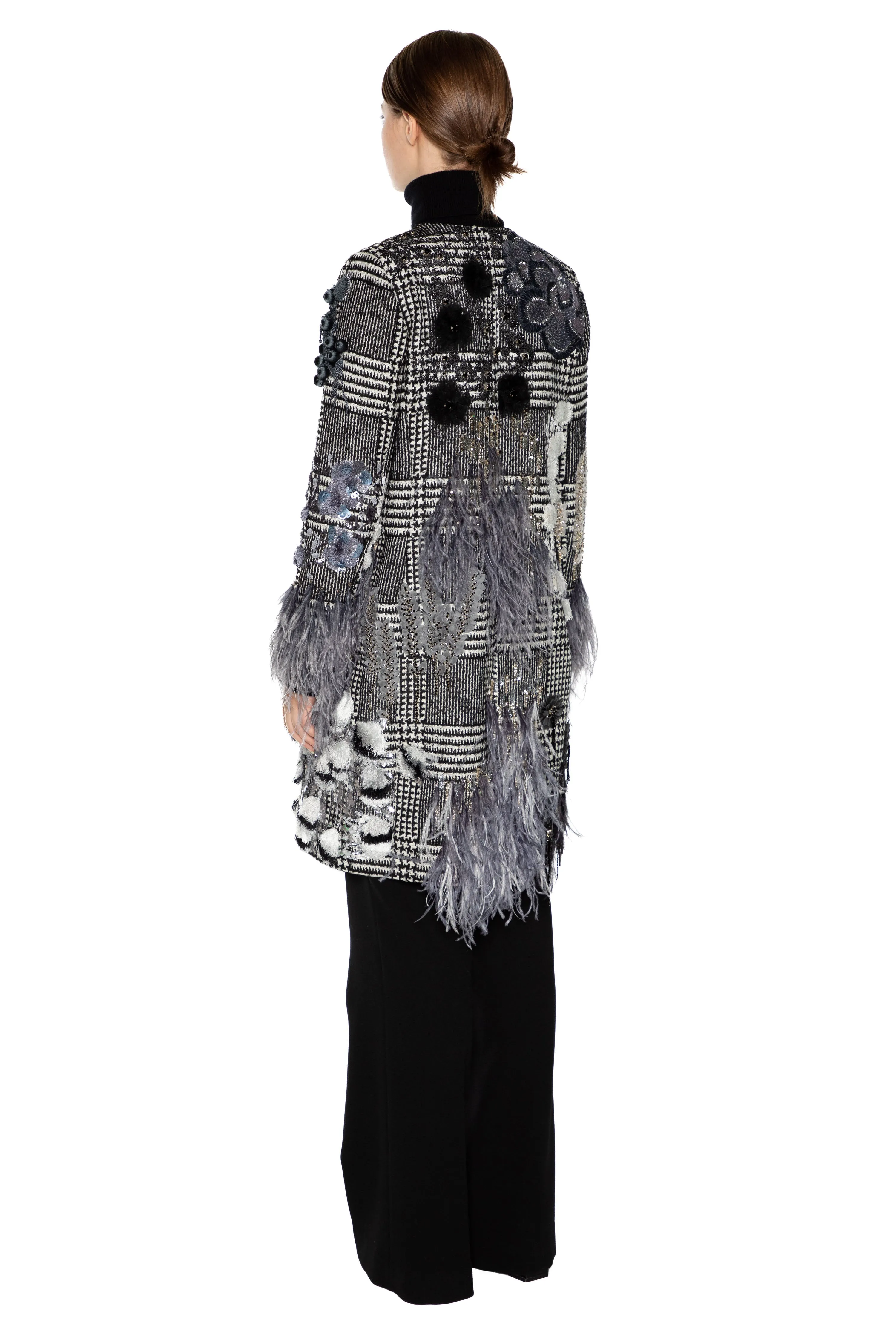 'GLAM ROCK' CLASSIC COLLARLESS COAT WITH FEATHERS