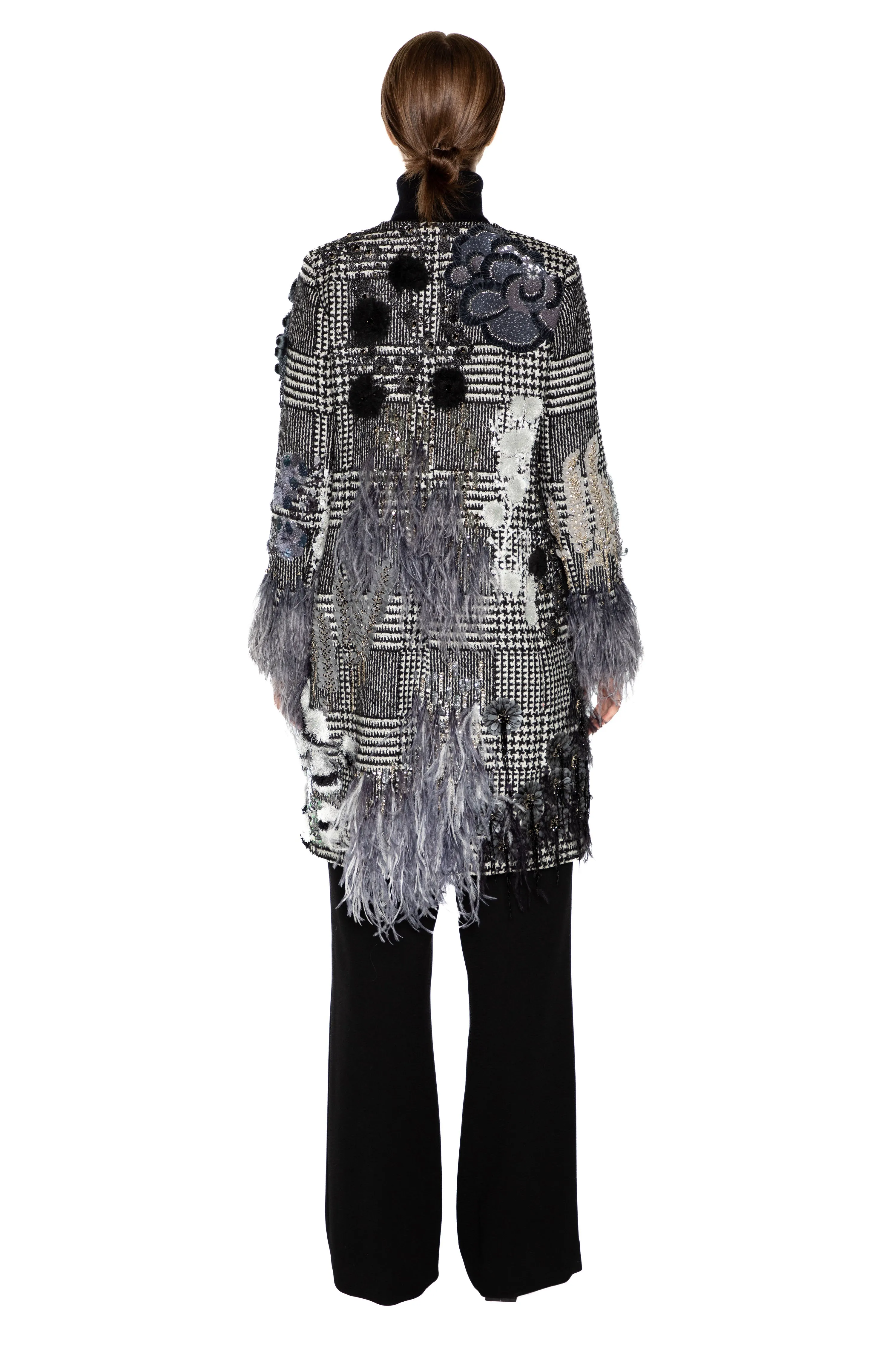 'GLAM ROCK' CLASSIC COLLARLESS COAT WITH FEATHERS